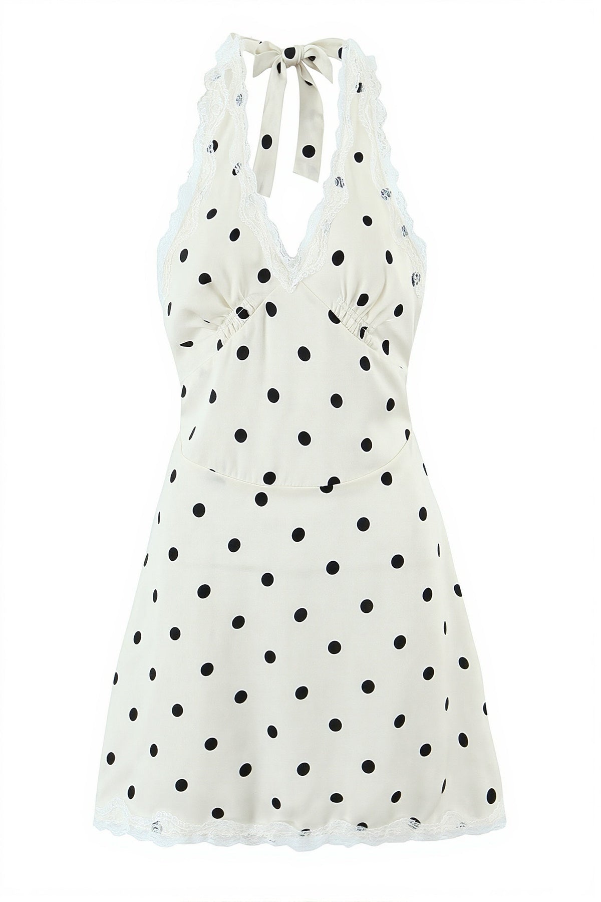 Polka Dot Lace Trim Halter Deep V-Neck Slip Mini Dress 6
