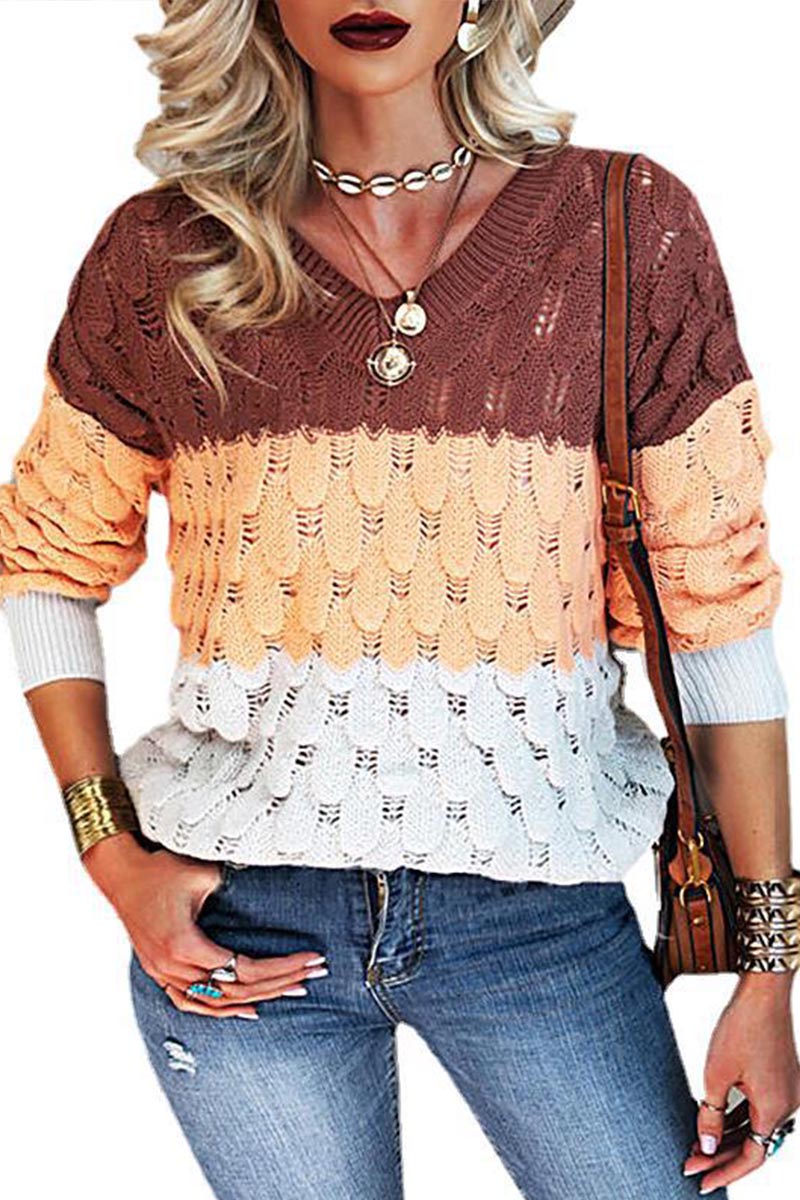 V-Neck Patchwork Casual Sweater  Fashionpara