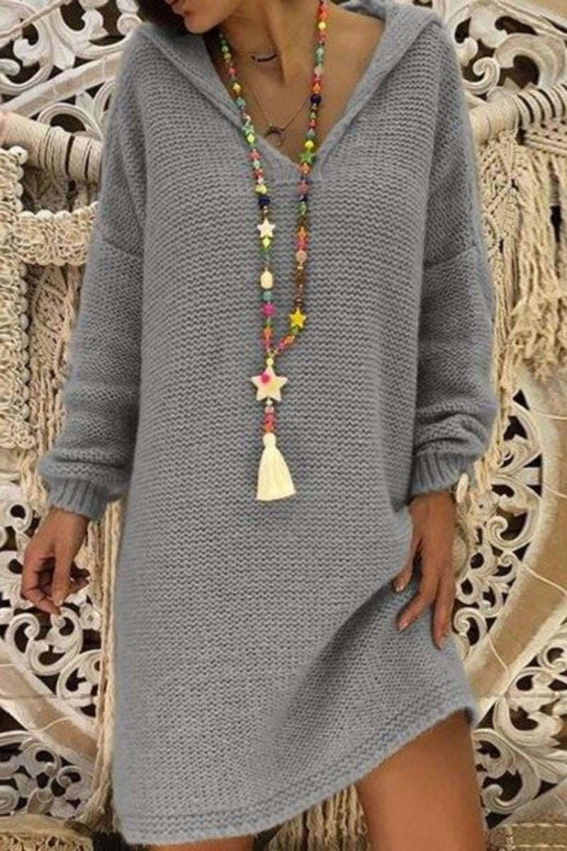 Solid Hooded Casual Long Sweater Dress  Fashionpara