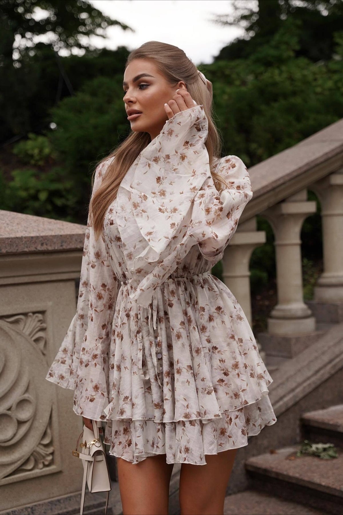 Floral Print V-Neck Bell Sleeve Tiered Ruffle Mini Dress