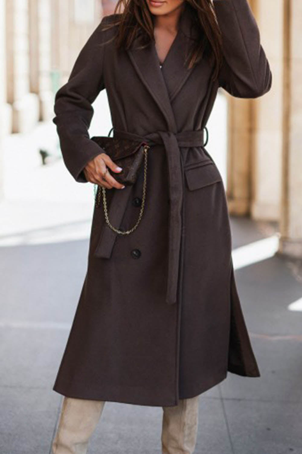 Simple Long Sleeve Suit Collar Lace Up Woolen Coat - Fashionpara