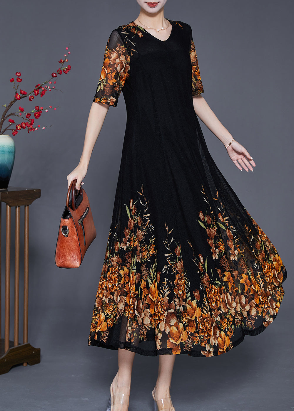 Mesh Elbow Sleeve V-Neck Band Hem A-Line Midi Dress