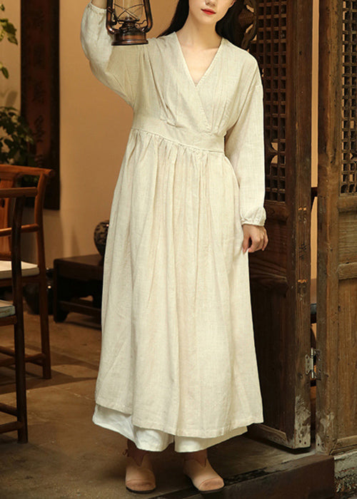 Linen V-Neck Wrap Long Sleeve Relaxed Maxi Dress - View 3