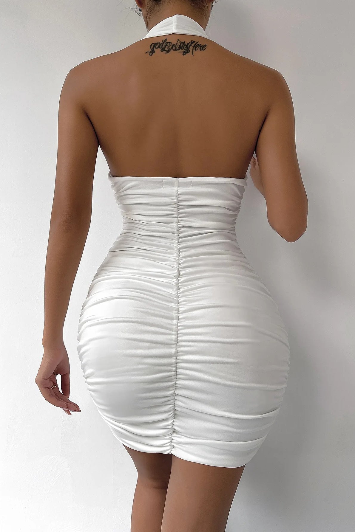 Plunge V-Neck Halter Ruched Bodycon Mini Dress