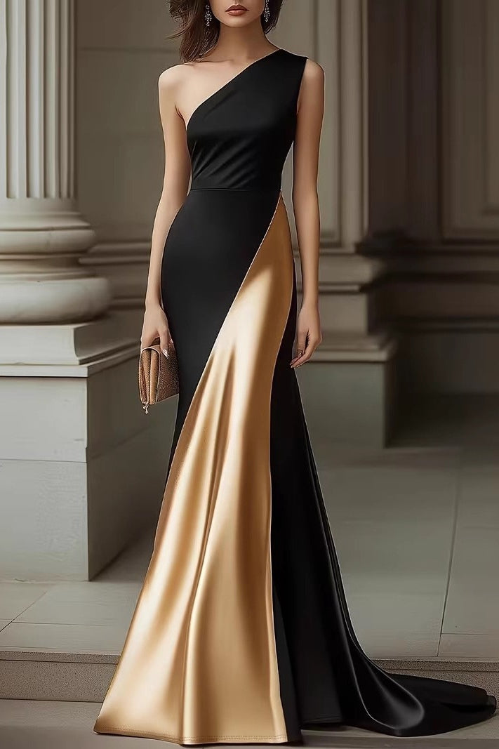 Colorblock Satin One Shoulder Mermaid Maxi Gown