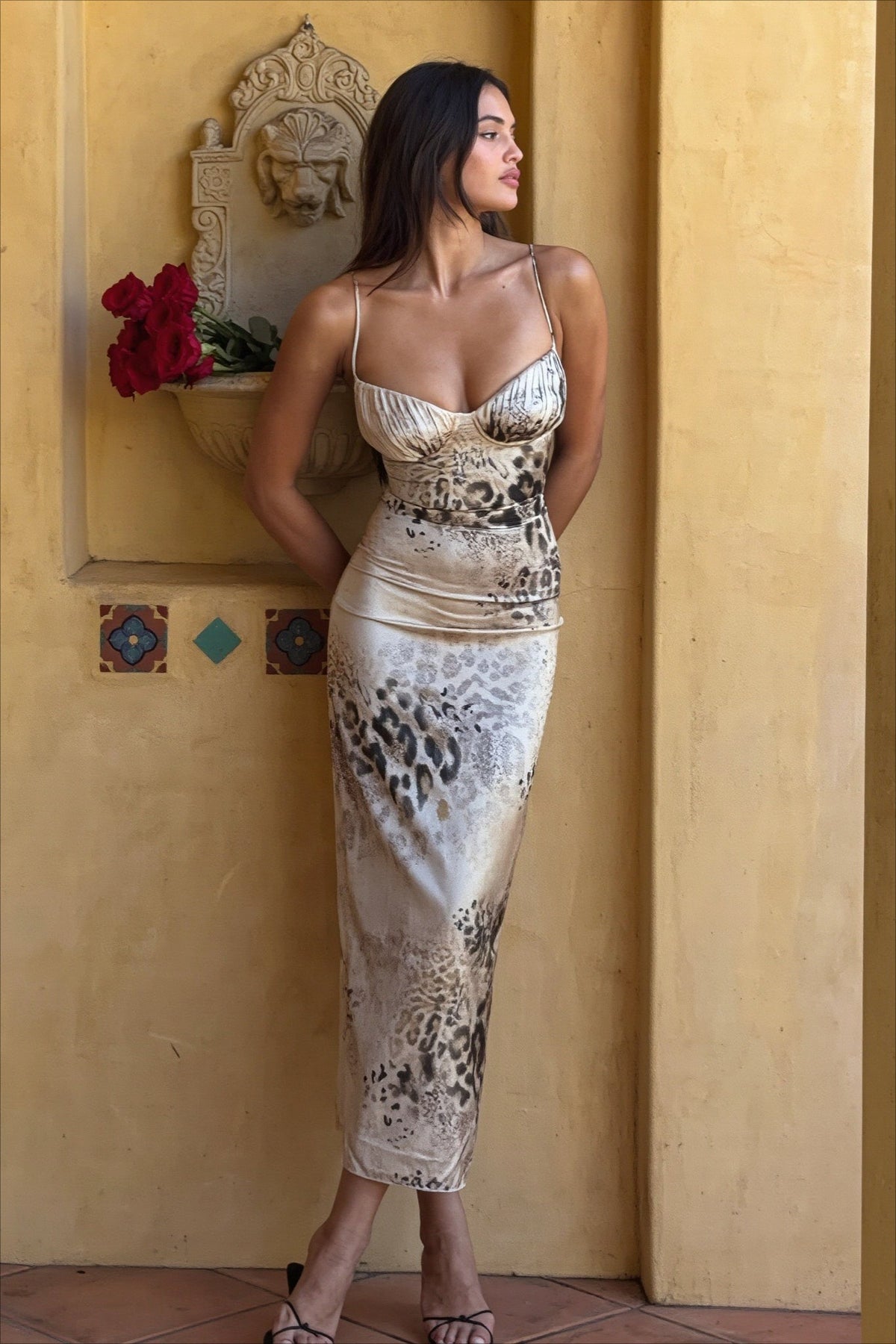 Animal Print Sweetheart Ruched Bodycon Midi Dress