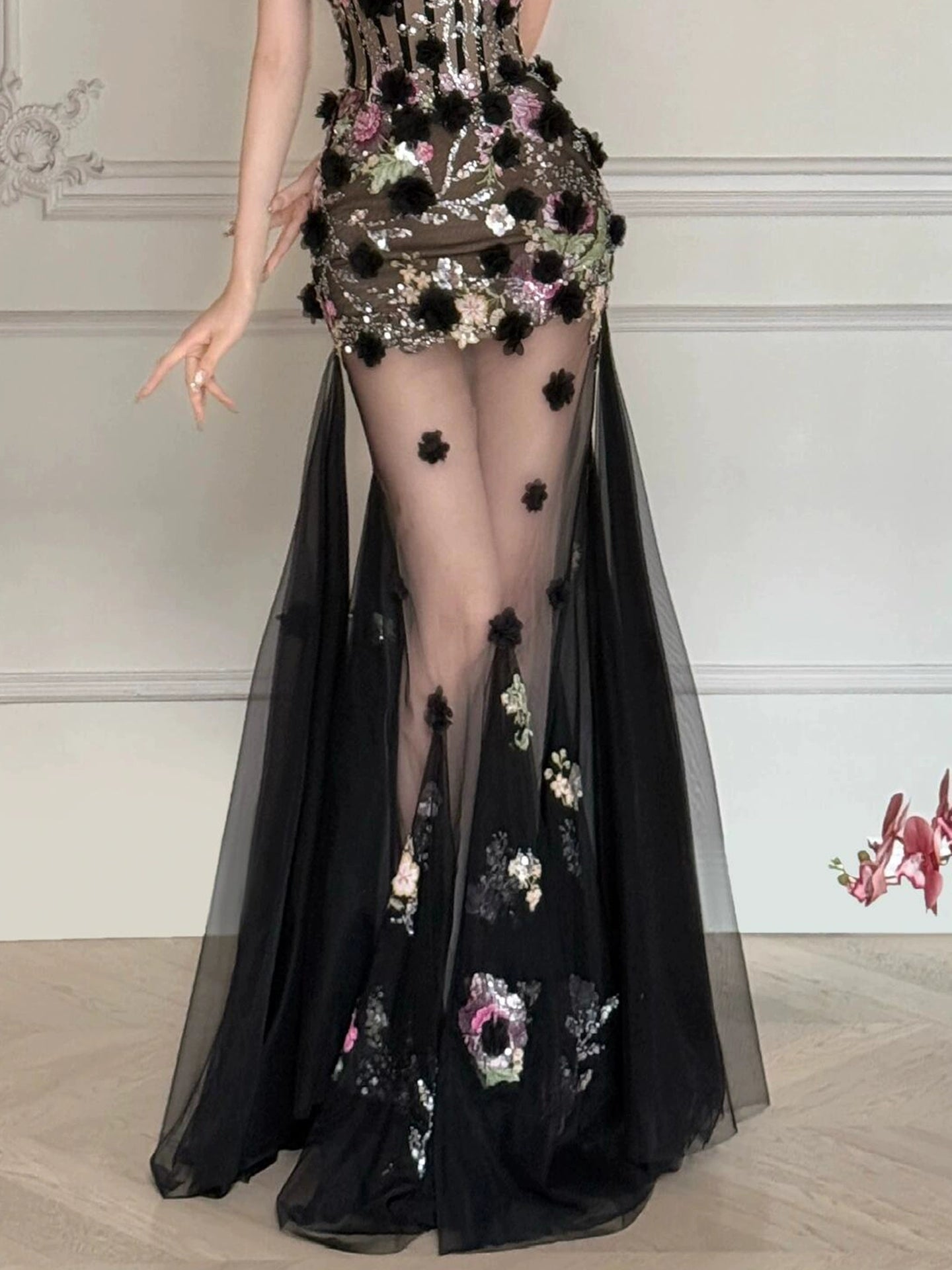 Black Long Prom Dress With Flowers Formal Evening Party Dress Birthday Outfit - Fashionpara