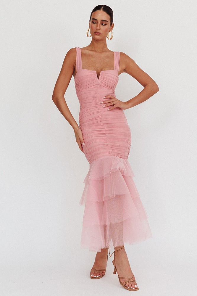 Ruched Mesh Sweetheart Tiered Ruffle Mermaid Dress