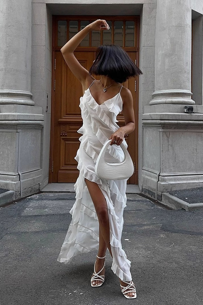 Chiffon V-Neck Spaghetti Strap Ruffle Slit Maxi Dress 3