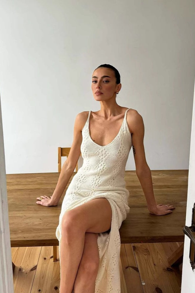 Crochet Knit Scoop Neck Bodycon Maxi Dress