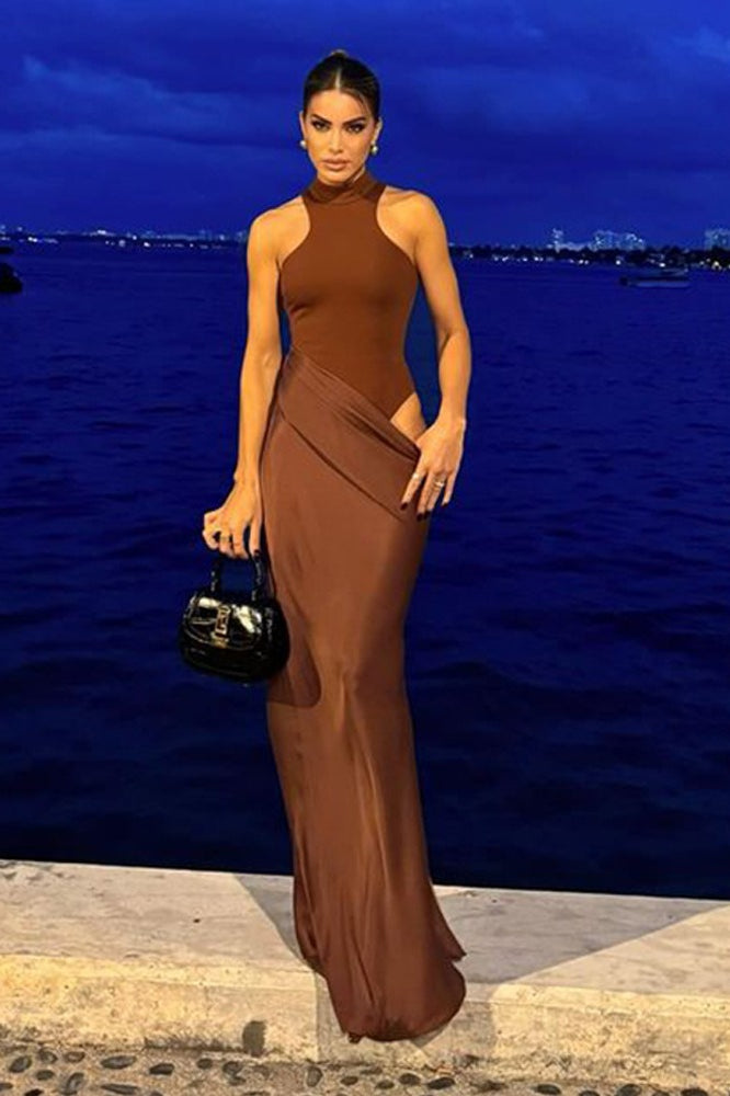 Sleeveless Halter Draped Satin Bodycon Maxi Gown
