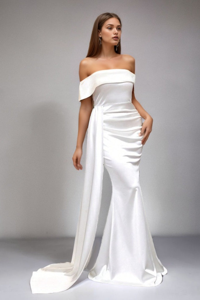 Satin Off Shoulder Ruched High Split Maxi Formal Gown - View 9
