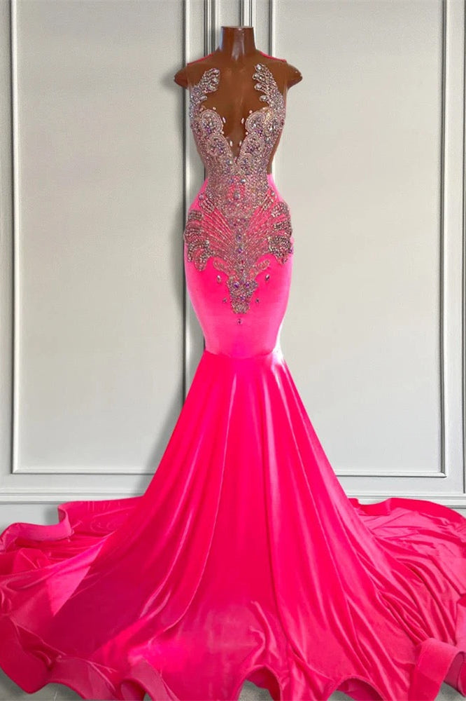 Gorgeous Pink Barbie Sleeveless Velvet Mermaid Style Dress with Beads - Fashionpara