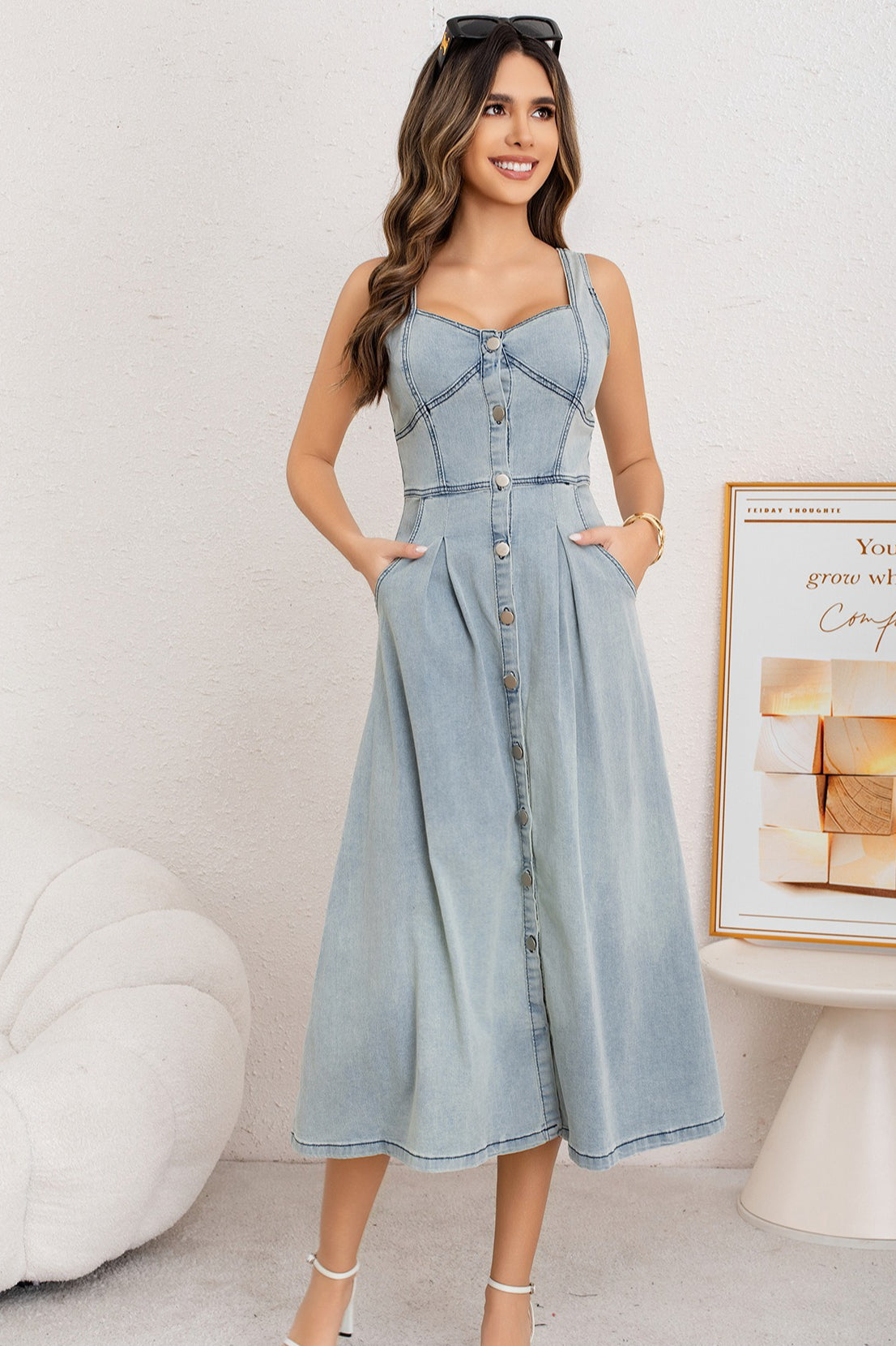 Washed Button Front Cami Denim Dress