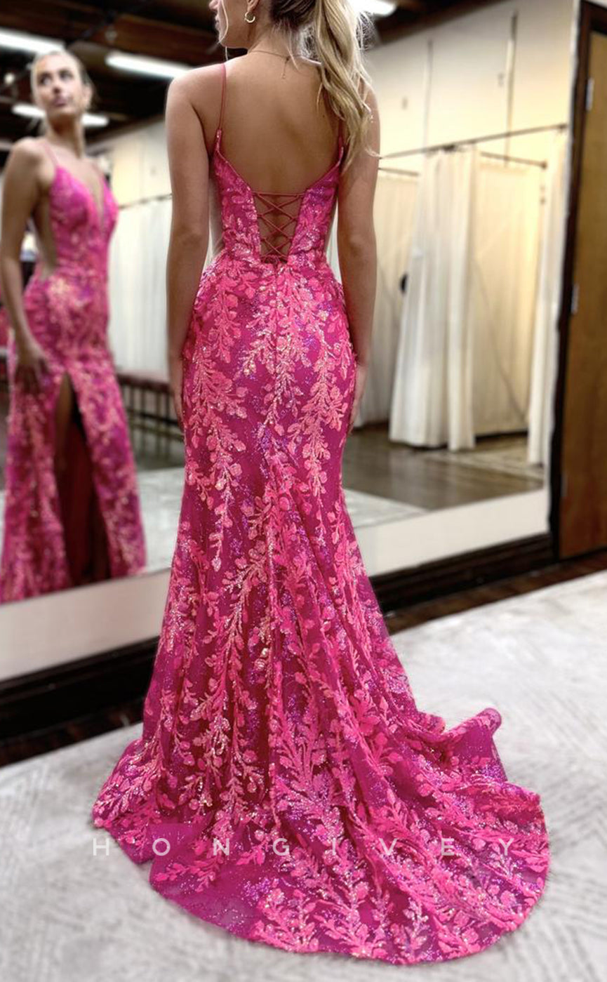 L2789 - V-Neck Spaghetti Straps Lace Applique With Side Slit Party Prom Evening Dress - Fashionpara