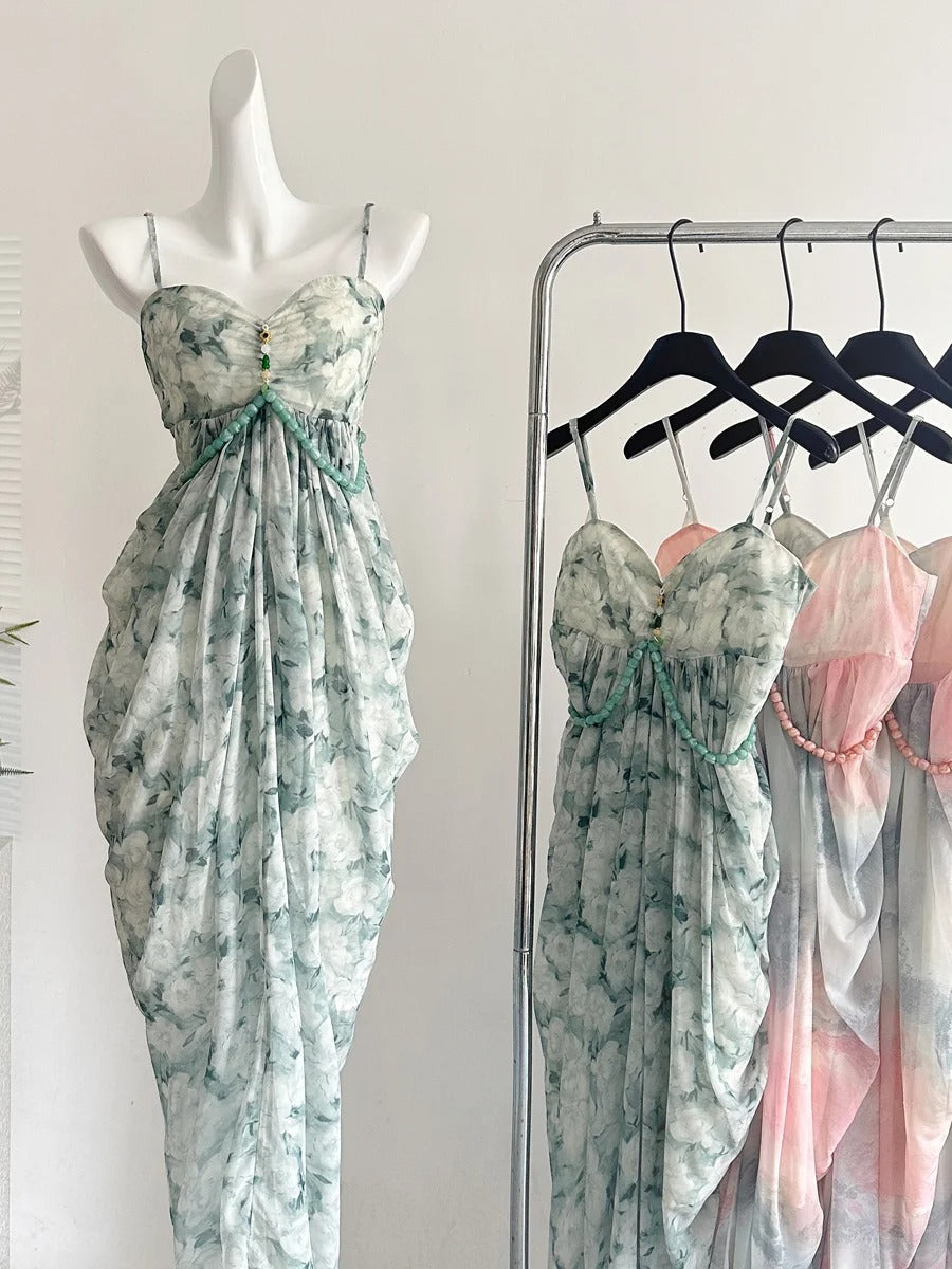 Elegant Green Strap Waist Chiffon Long Prom Dress Evening Dress P4005