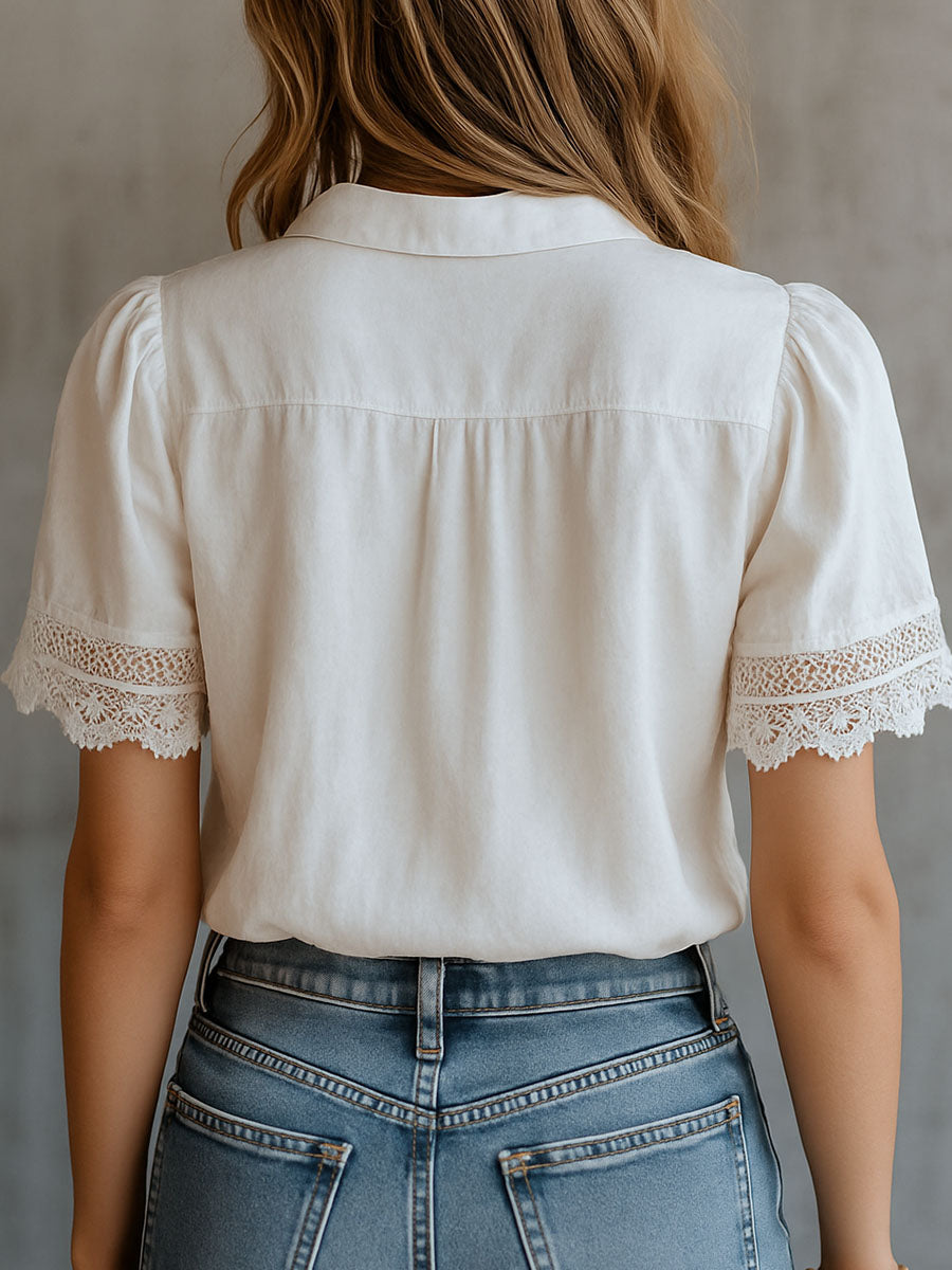 Vintage-Inspired Lace Trim White Blouse - Fashionpara