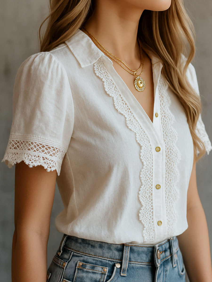 Vintage-Inspired Lace Trim White Blouse - Fashionpara