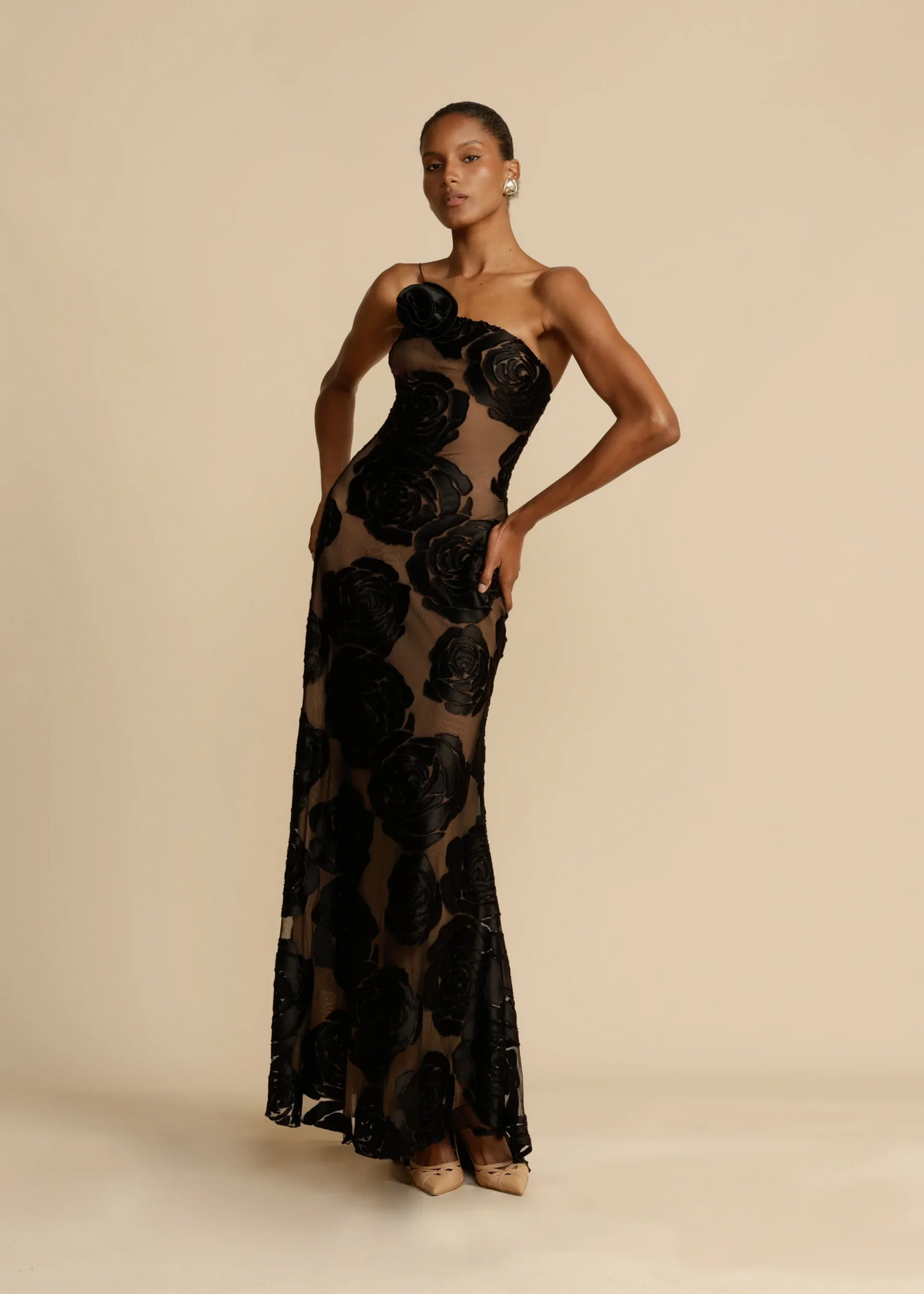 Mesh Velvet Rose Burnout One Shoulder Column Maxi Gown