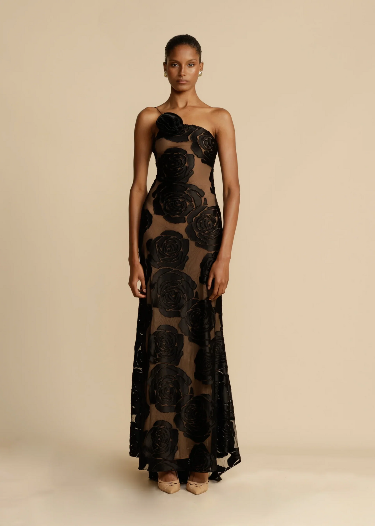 Mesh Velvet Rose Burnout One Shoulder Column Maxi Gown - View 2