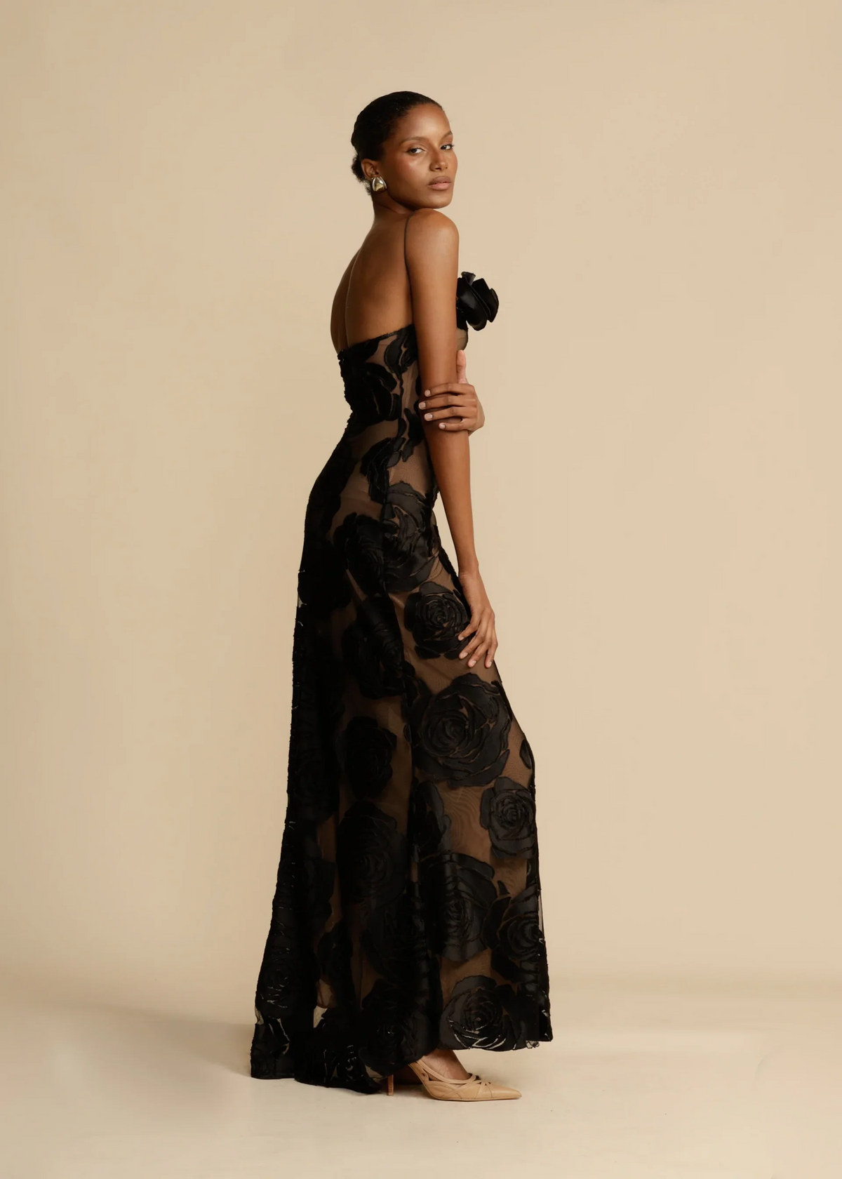 Mesh Velvet Rose Burnout One Shoulder Column Maxi Gown - View 3