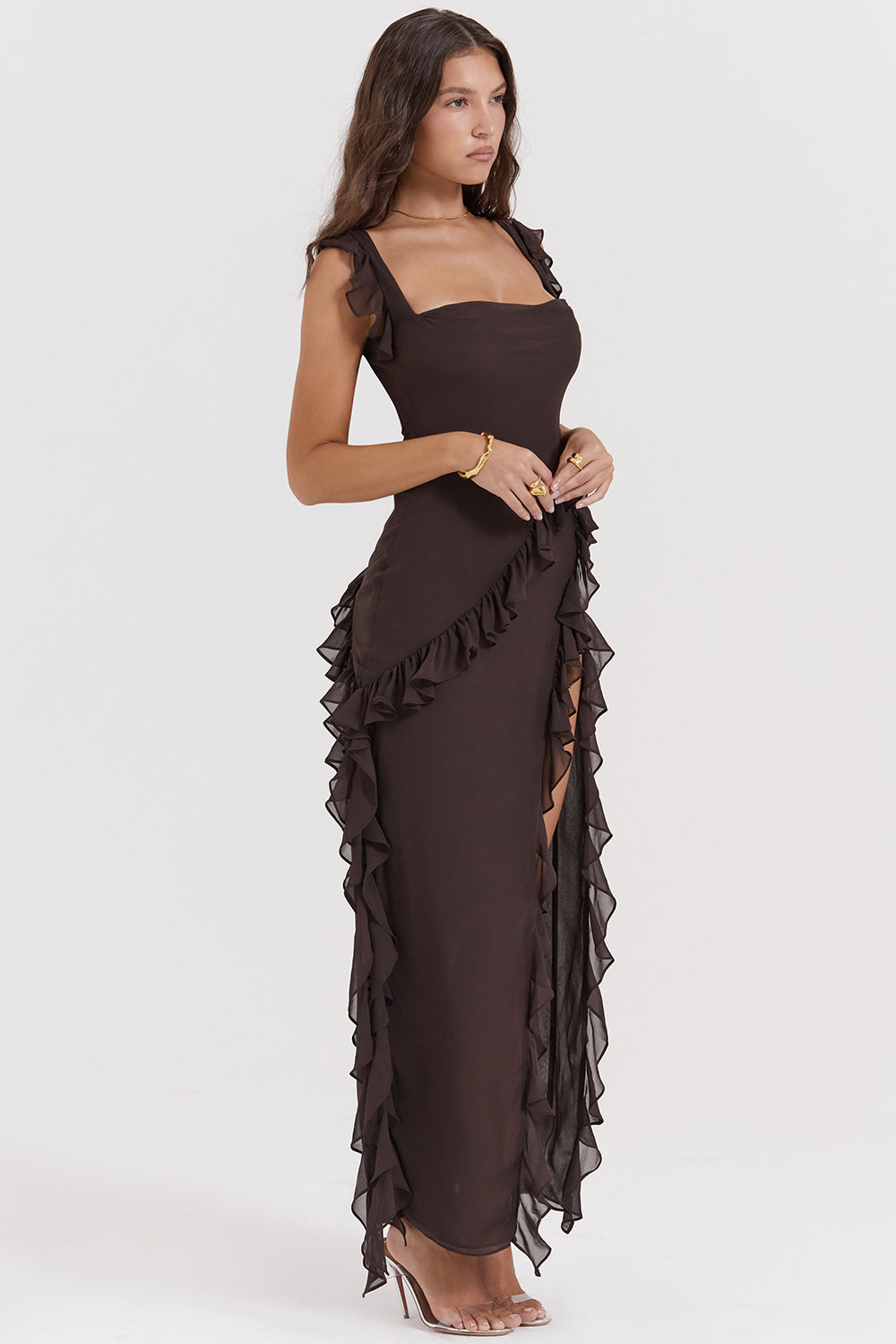Square Neck Ruffle Strap High Split Asymmetrical Cascade Maxi Dress 29