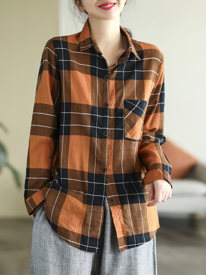Long Sleeve Lapel Plaid Loose Causal Shirt Dress 8
