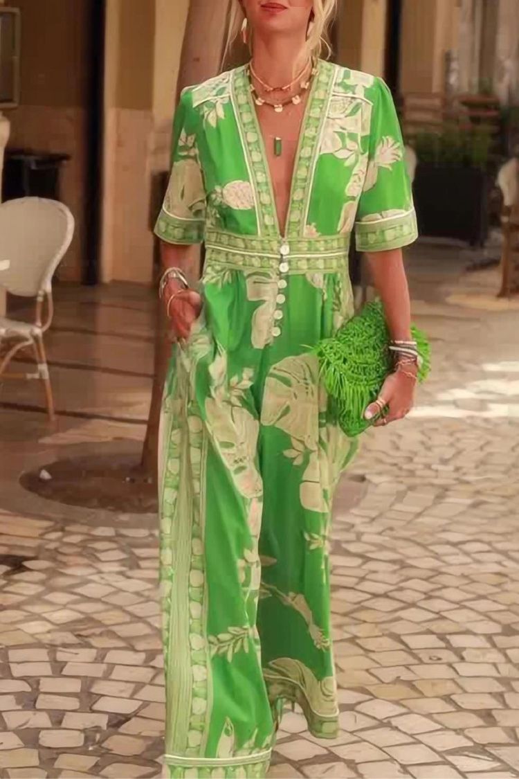 Fresh Holiday Floral Print V-Neck Short Sleeve Jumpsuit - Fashionpara