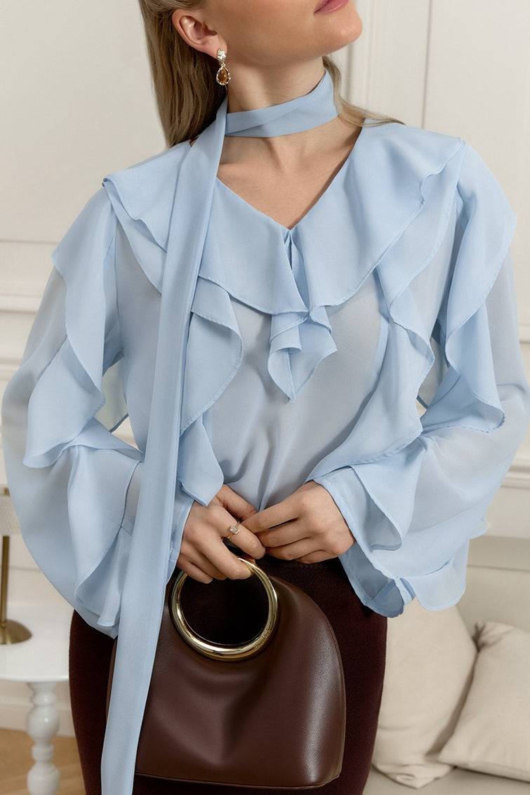 Ruffle Front Scarf Tie Blouse