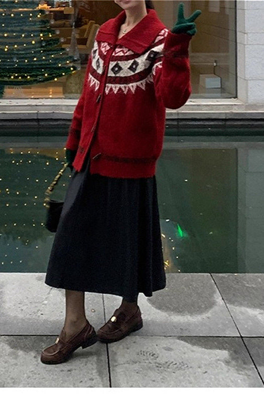 PrincessAce Retro Jacquard Collar Loose Knit Cardigan