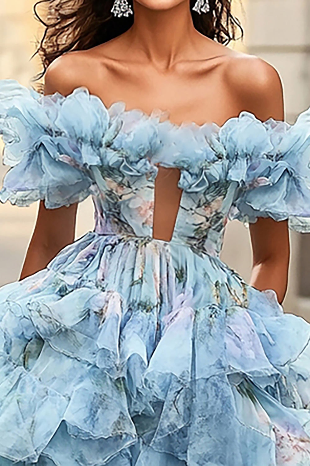 Floral Blue Off the Shoulder A Line Long Prom Dress with Ruffled