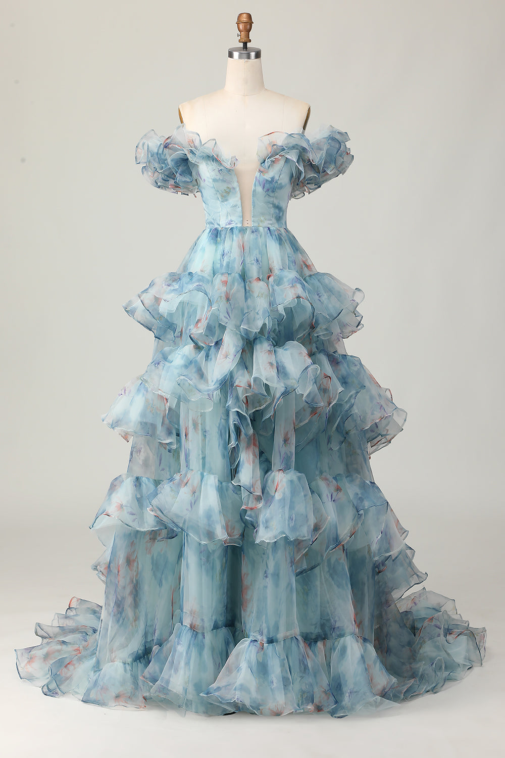 Floral Blue Off the Shoulder A Line Ruffled Prom Dress
