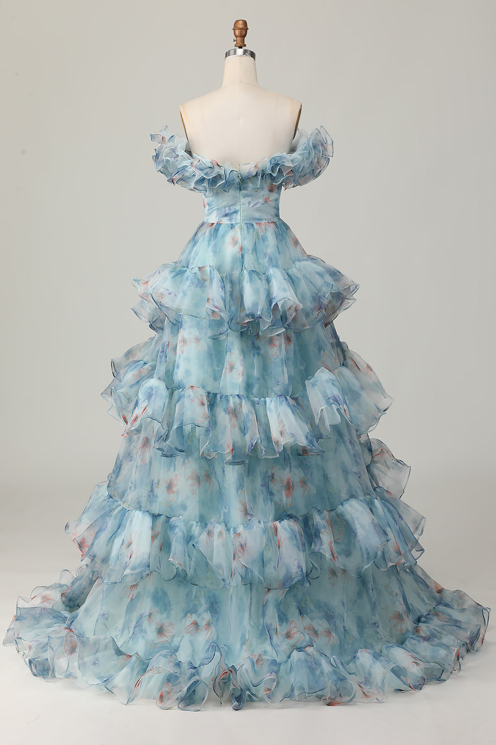 Floral Blue Off the Shoulder A Line Ruffled Prom Dress