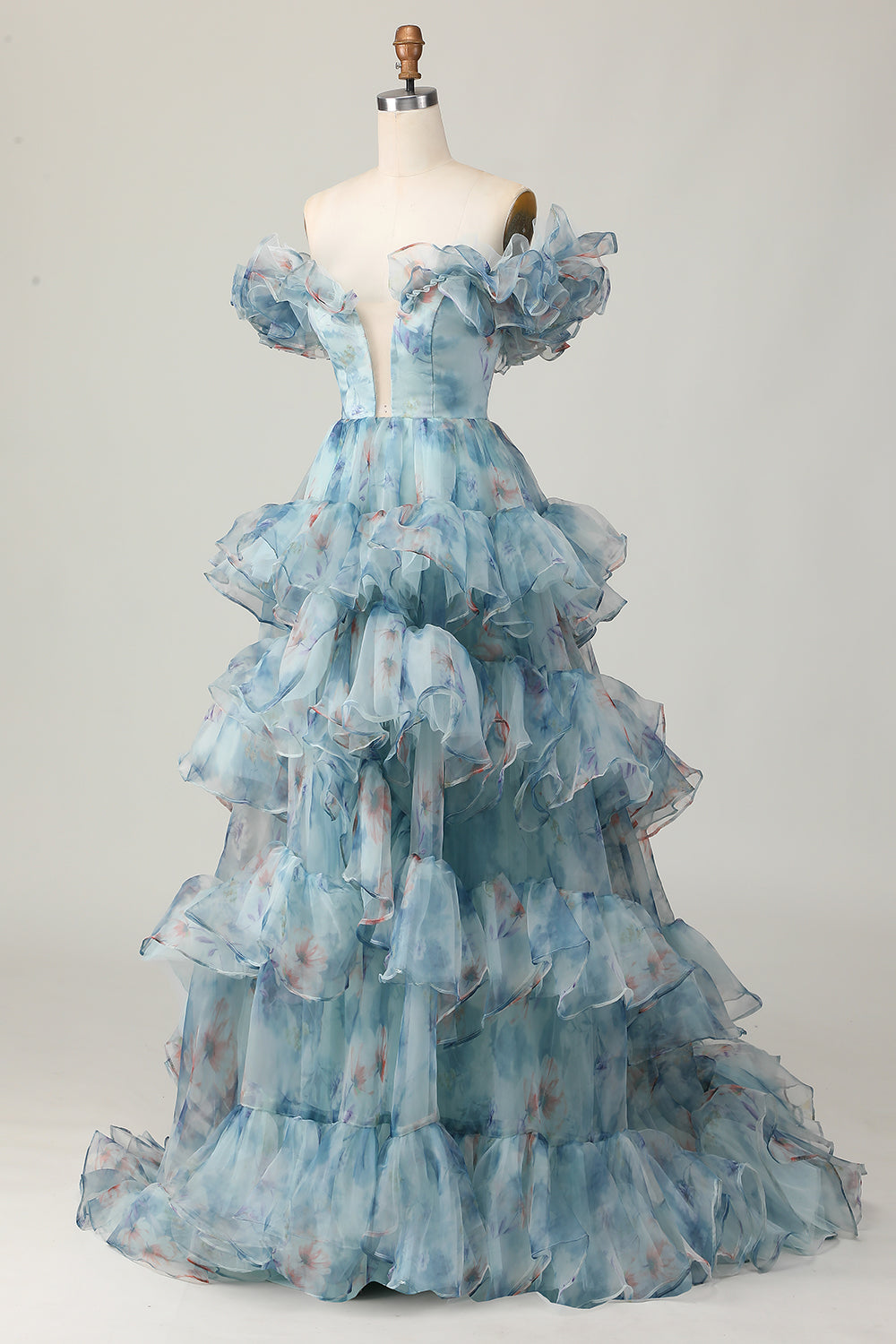 Floral Blue Off the Shoulder A Line Ruffled Prom Dress