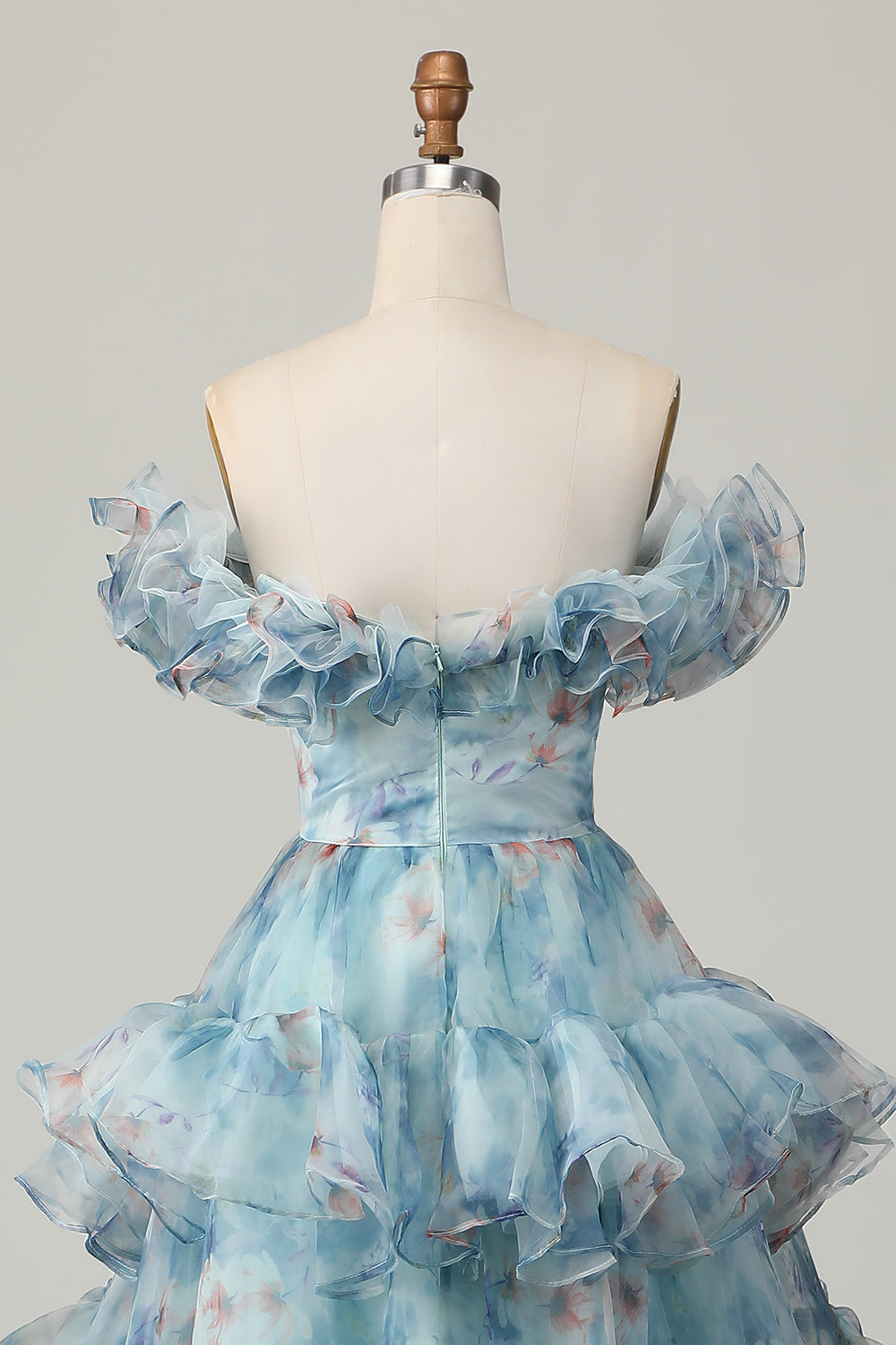 Floral Blue Off the Shoulder A Line Long Prom Dress with Ruffled