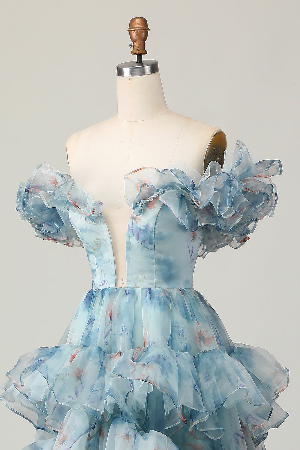 Floral Blue Off the Shoulder A Line Long Prom Dress with Ruffled