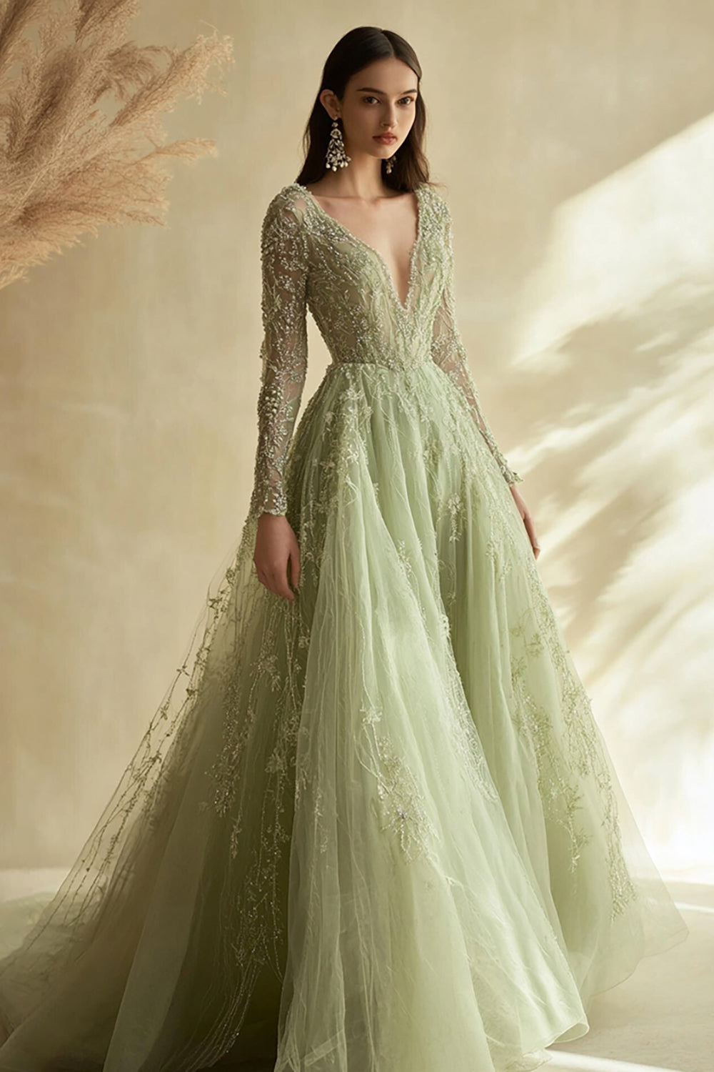 Dusty Sage Applique Tulle A Line V Neck Long Prom Dress with Sleeves