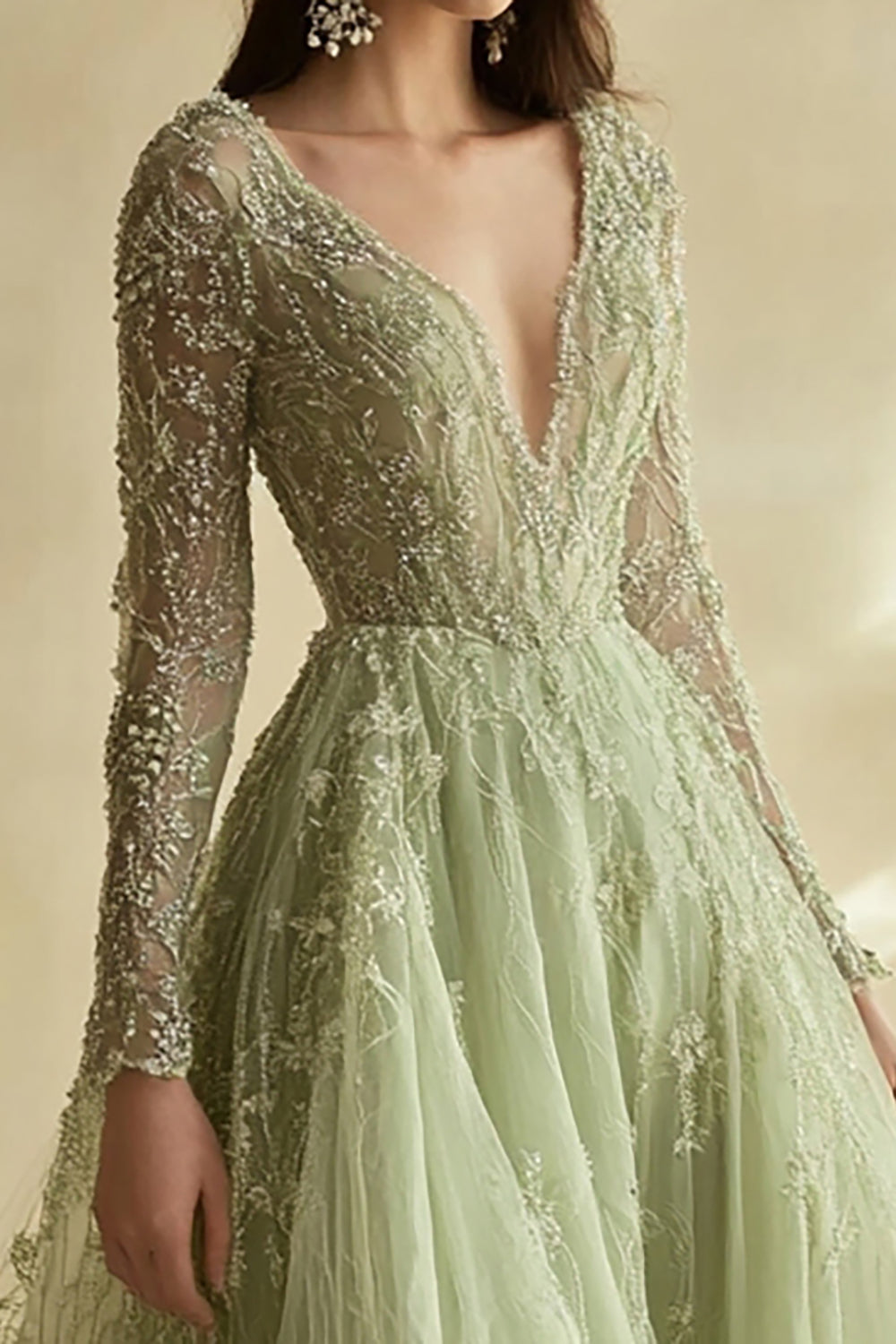 Dusty Sage Applique Tulle A Line V Neck Long Prom Dress with Sleeves