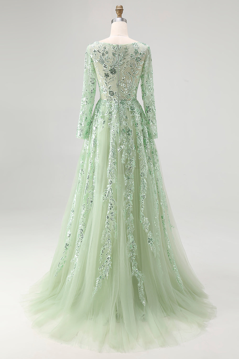 Sparkly Dusty Sage Sequin A-Line Prom Dress with Long Sleeves