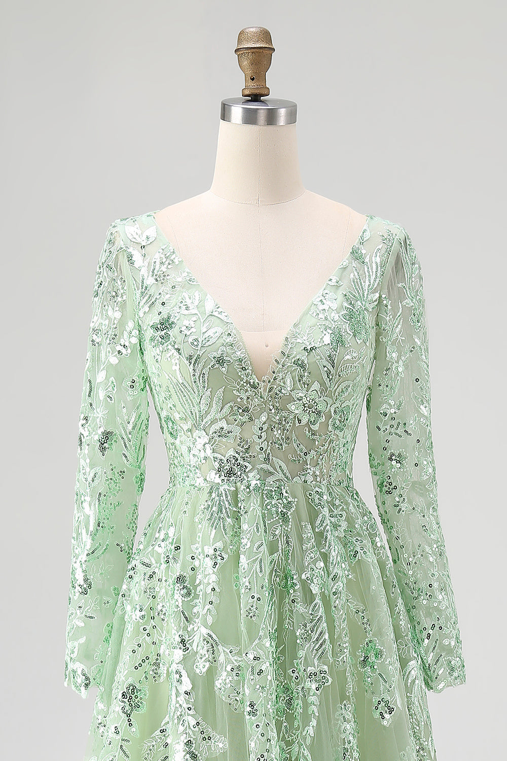 Sparkly Dusty Sage Sequin A-Line Prom Dress with Long Sleeves