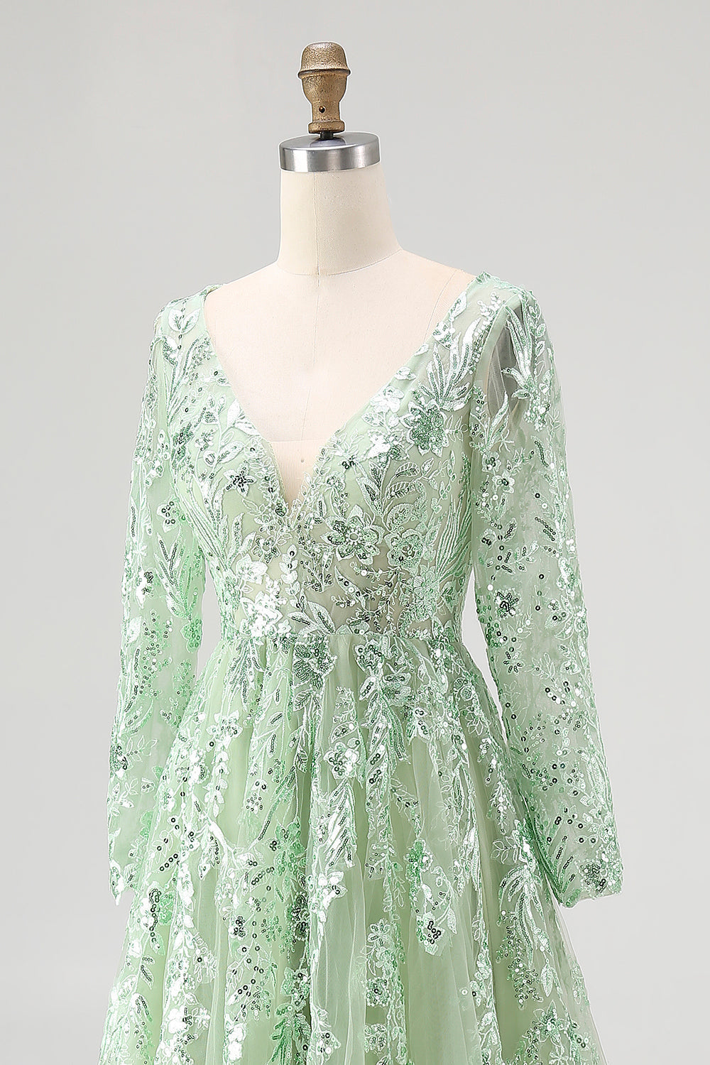 Sparkly Dusty Sage Sequin A-Line Prom Dress with Long Sleeves