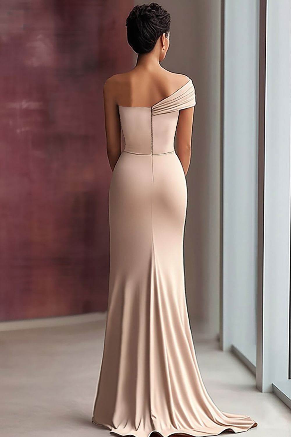 Light Khaki Jersey One Shoulder Sheath Long Pleated Gala Dress