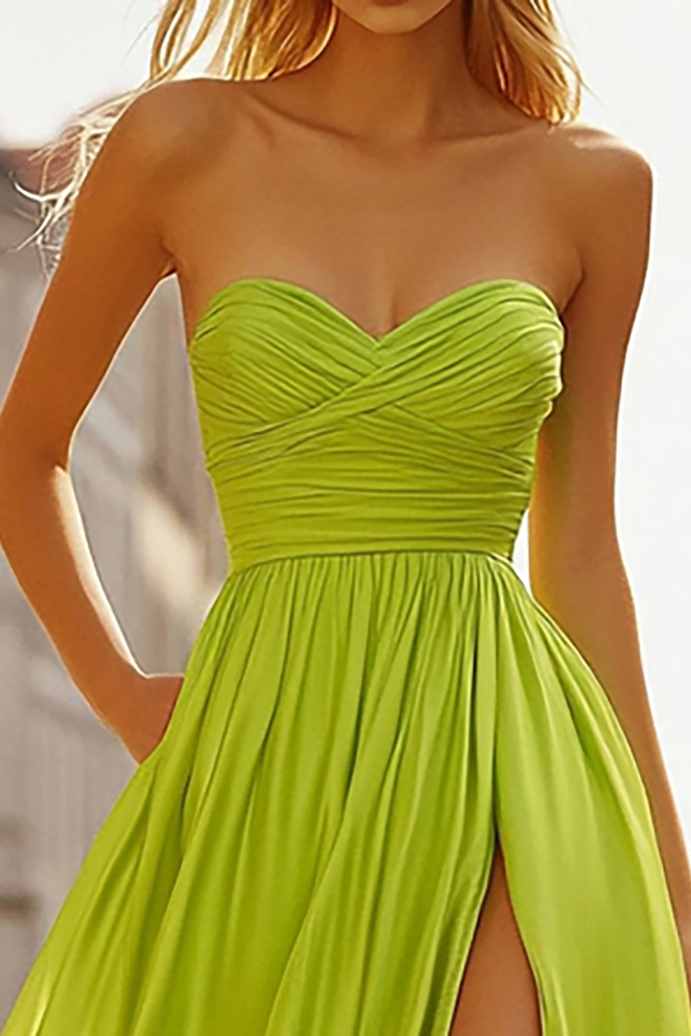 Lemon Green A Line Sweetheart Ruched Chiffon Prom Dress - Fashionpara