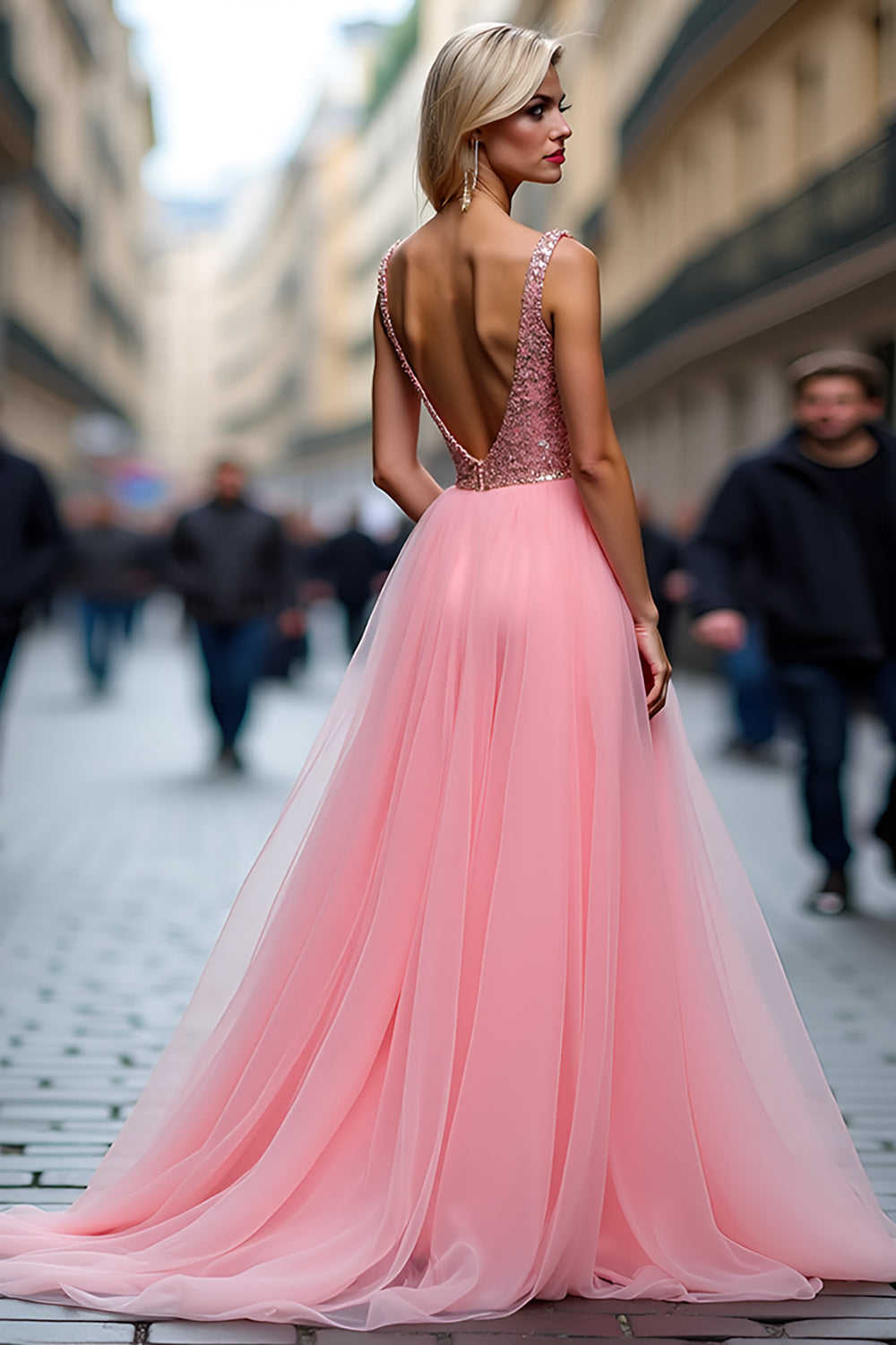 Sparkly Pink A Line Tulle Prom Dress with Slit - Fashionpara