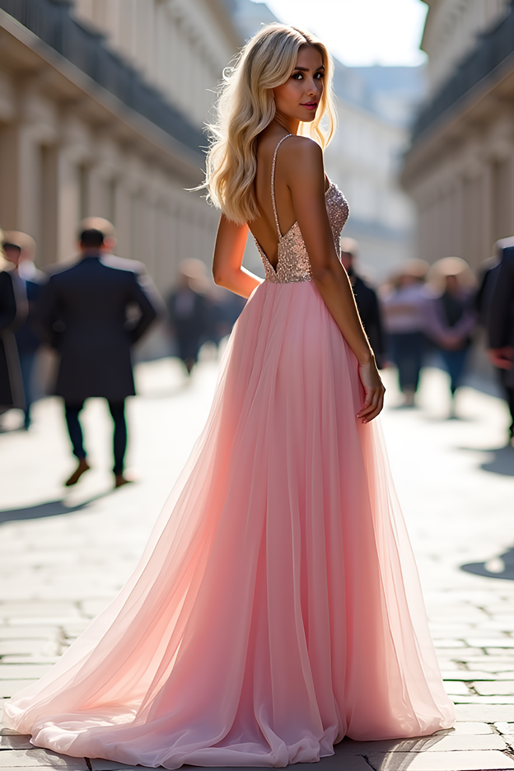 Sparkly A Line Tulle Spaghetti Straps Pink Prom Dress - Fashionpara