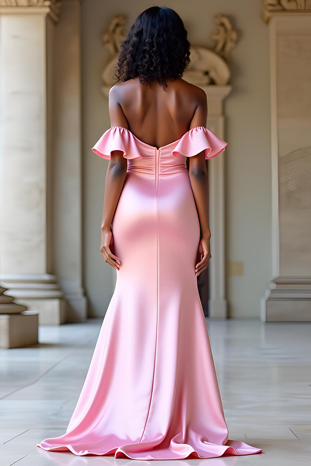 Elegant Off The Shoulder Pink Satin Long Prom Dress with Slit - Fashionpara