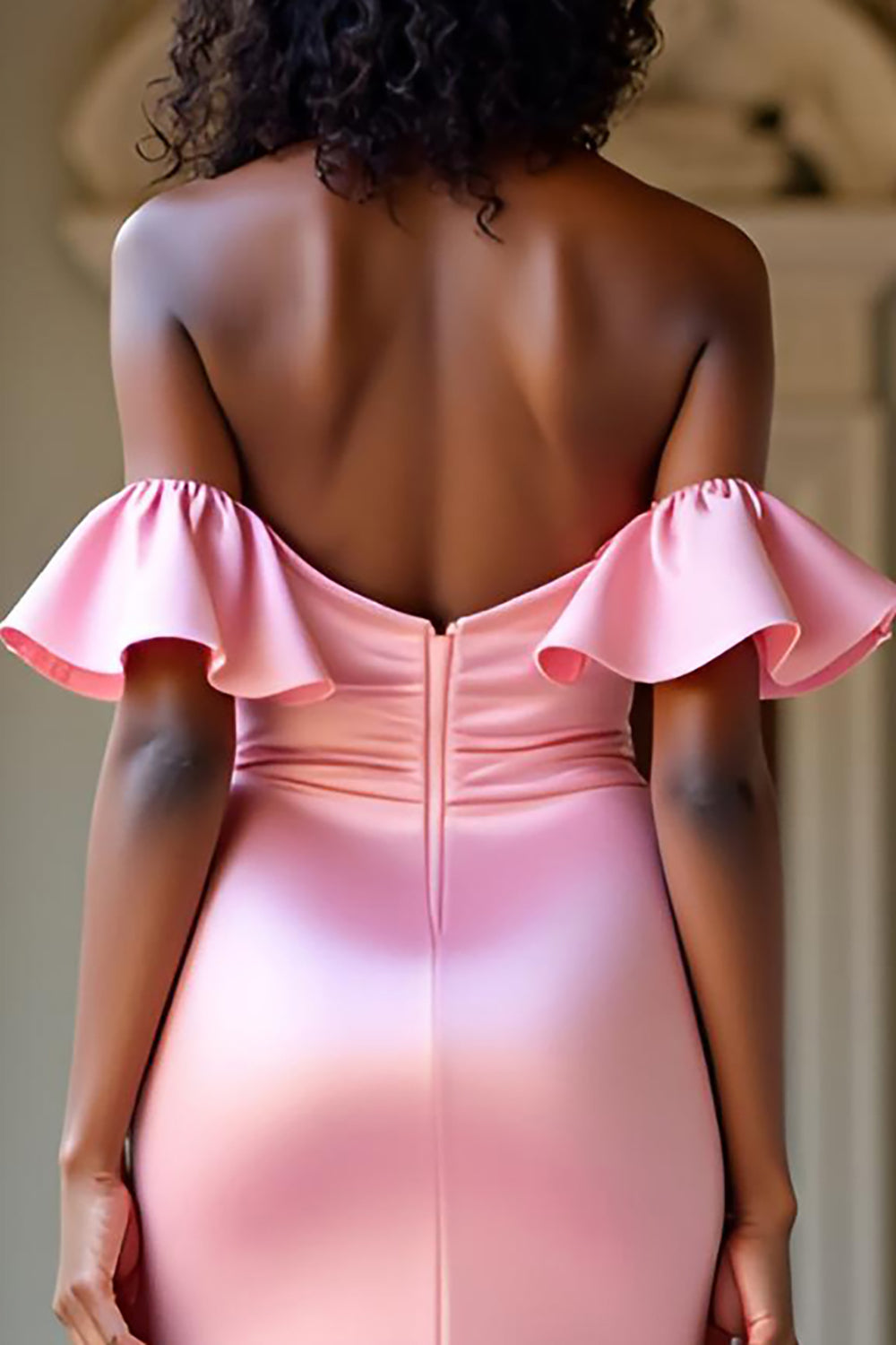 Elegant Off The Shoulder Pink Satin Long Prom Dress with Slit - Fashionpara