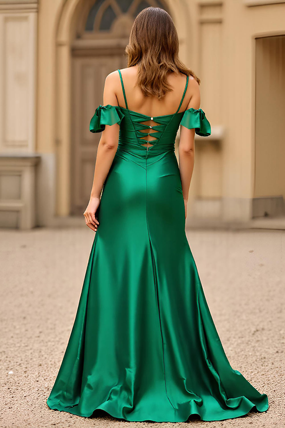 Cold Shoulder Dark Green Satin Long Prom Dress with Slit - Fashionpara