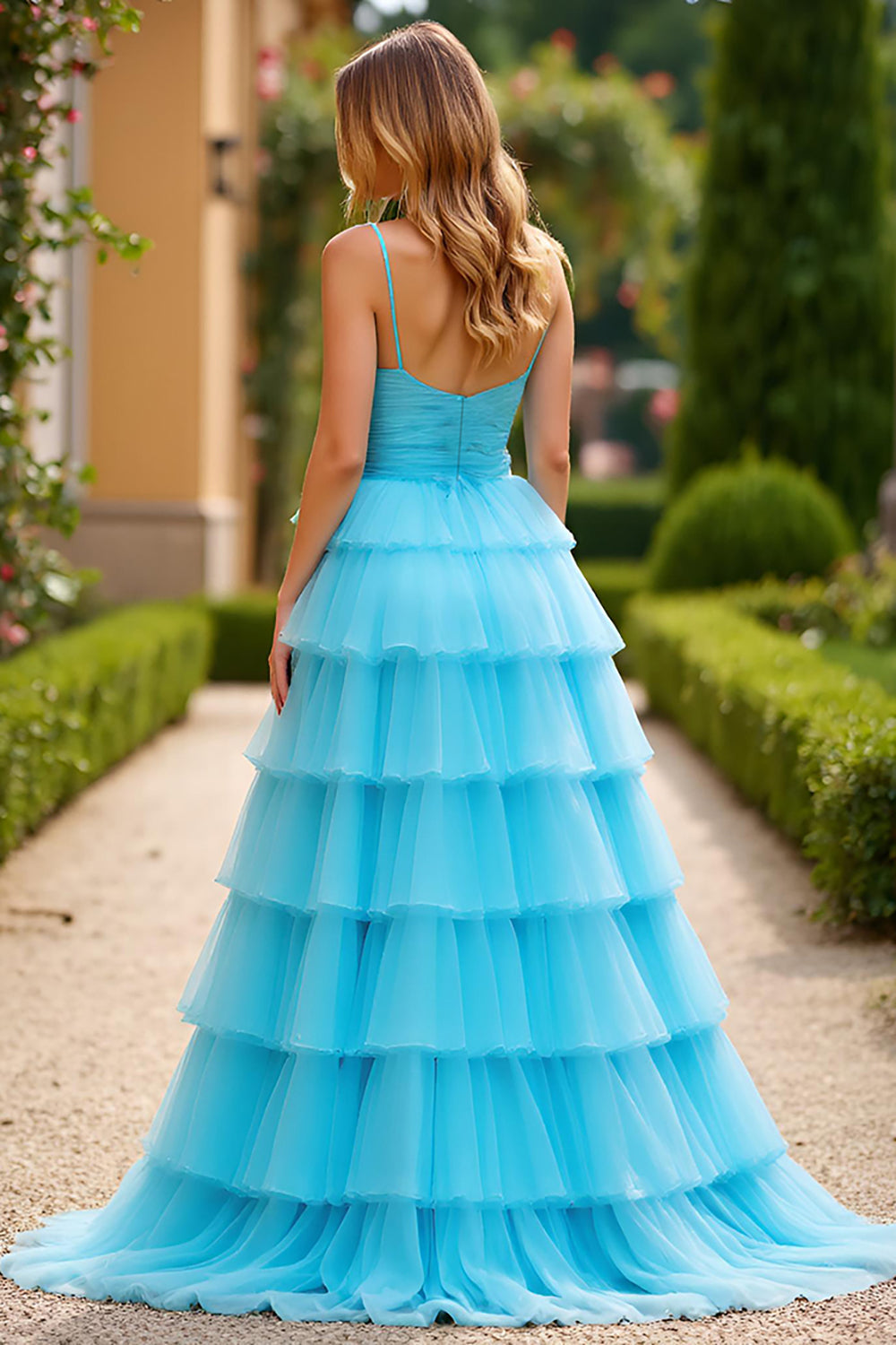 Blue Tulle A Line Spaghetti Straps Long Prom Dress with Slit - Fashionpara