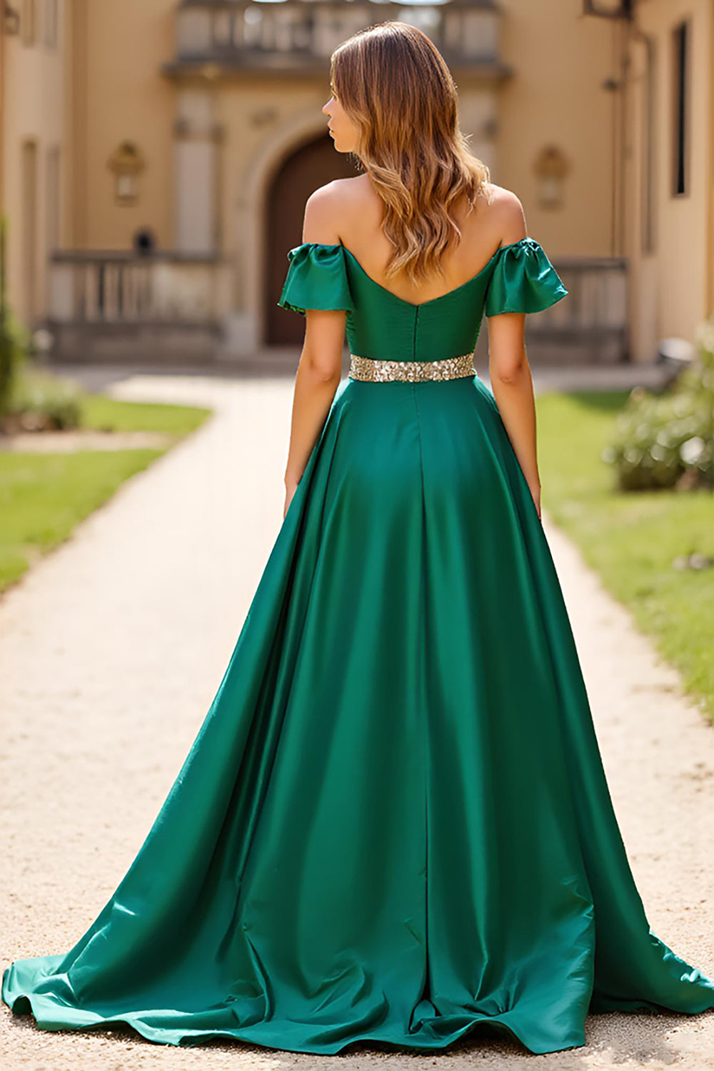 Ruched Dark Green Beaded Off The Shoulder Prom Dress with Slit - Fashionpara